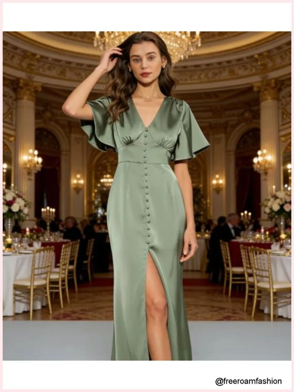 V Neck Ruffled Satin Midi Formal Cocktail Wedding Guest Dress